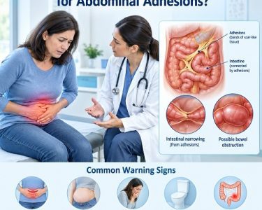 Abdominal adhesions warning signs showing abdominal pain and possible bowel obstruction
