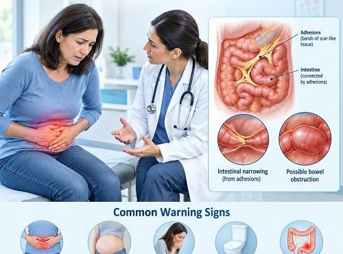 Abdominal adhesions warning signs showing abdominal pain and possible bowel obstruction