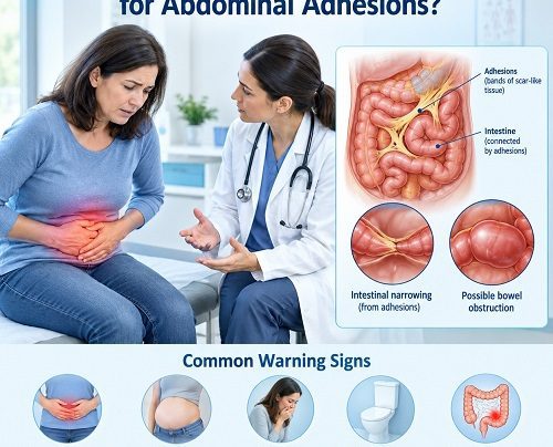 Abdominal adhesions warning signs showing abdominal pain and possible bowel obstruction