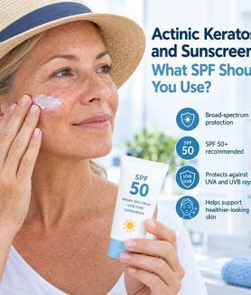 Adult applying broad-spectrum SPF 50 sunscreen to protect sun-damaged skin affected by actinic keratosis.