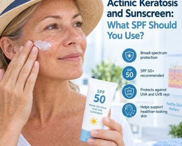Adult applying broad-spectrum SPF 50 sunscreen to protect sun-damaged skin affected by actinic keratosis.