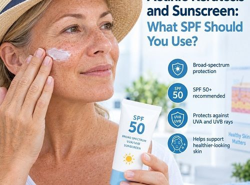 Adult applying broad-spectrum SPF 50 sunscreen to protect sun-damaged skin affected by actinic keratosis.