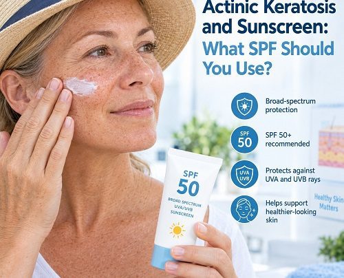 Adult applying broad-spectrum SPF 50 sunscreen to protect sun-damaged skin affected by actinic keratosis.