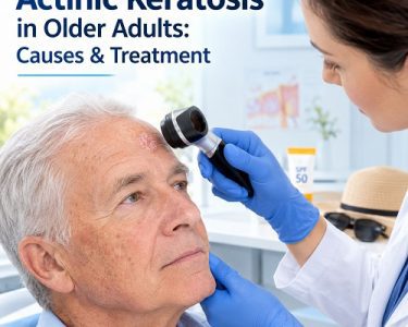 Actinic keratosis in older adults showing sun-damaged aging skin and a dermatologist examining a rough skin lesion