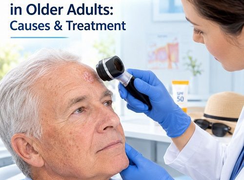 Actinic keratosis in older adults showing sun-damaged aging skin and a dermatologist examining a rough skin lesion