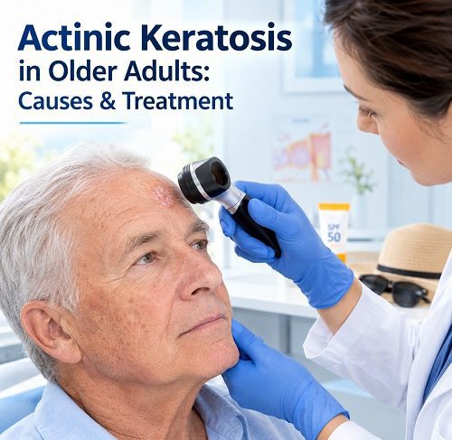 Actinic keratosis in older adults showing sun-damaged aging skin and a dermatologist examining a rough skin lesion