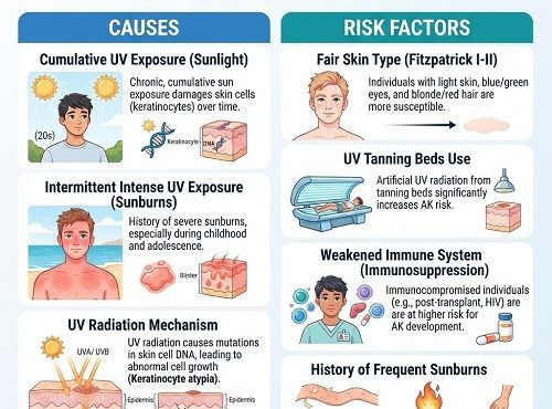 Actinic keratosis in young adults showing early sun-damaged skin and rough patches on the face.