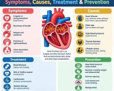 Doctor explaining atrial fibrillation symptoms, heart rhythm changes and treatment options using a heart diagram