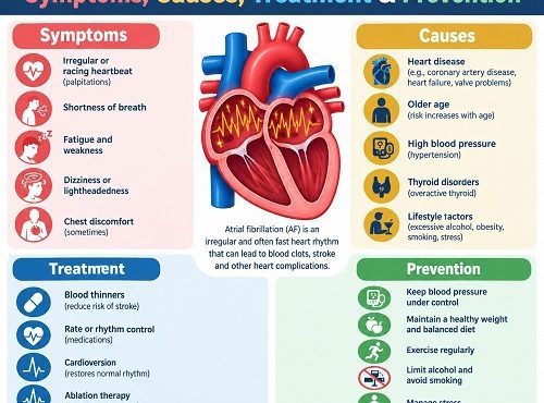 Doctor explaining atrial fibrillation symptoms, heart rhythm changes and treatment options using a heart diagram