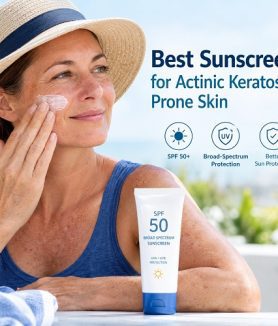 Person applying broad-spectrum SPF 50 sunscreen to sun-damaged skin to help protect against actinic keratosis.