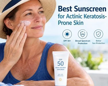 Person applying broad-spectrum SPF 50 sunscreen to sun-damaged skin to help protect against actinic keratosis.