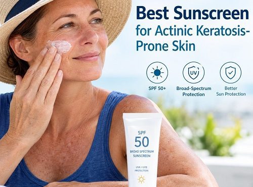 Person applying broad-spectrum SPF 50 sunscreen to sun-damaged skin to help protect against actinic keratosis.