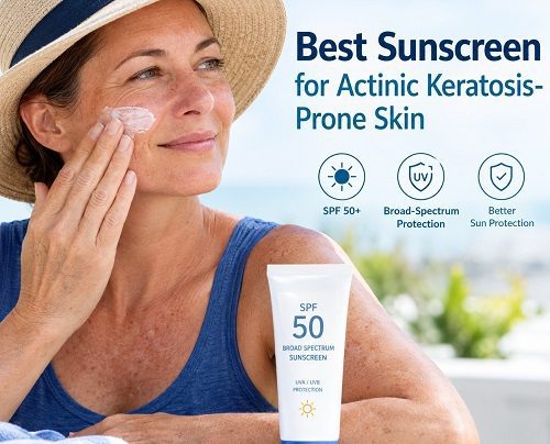 Person applying broad-spectrum SPF 50 sunscreen to sun-damaged skin to help protect against actinic keratosis.