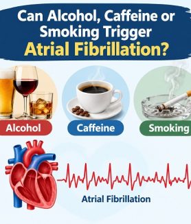 Illustration of a human heart with an irregular electrical rhythm alongside symbols representing alcohol, coffee, and cigarette smoking.