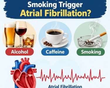 Illustration of a human heart with an irregular electrical rhythm alongside symbols representing alcohol, coffee, and cigarette smoking.