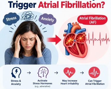 Illustration of a human heart showing atrial fibrillation and the possible effects of stress and anxiety on heart rhythm.