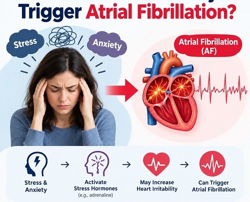 Illustration of a human heart showing atrial fibrillation and the possible effects of stress and anxiety on heart rhythm.