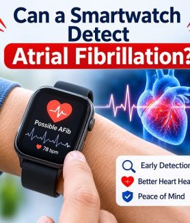 Smartwatch detecting an irregular heart rhythm and displaying an atrial fibrillation alert on its screen.