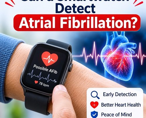 Smartwatch detecting an irregular heart rhythm and displaying an atrial fibrillation alert on its screen.