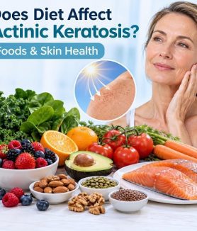 Diet for actinic keratosis showing antioxidant-rich foods for healthy skin