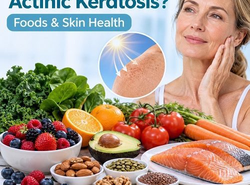 Diet for actinic keratosis showing antioxidant-rich foods for healthy skin