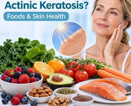 Diet for actinic keratosis showing antioxidant-rich foods for healthy skin