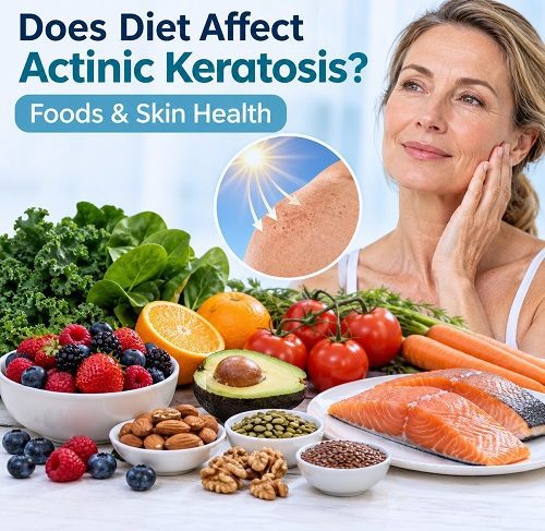 Diet for actinic keratosis showing antioxidant-rich foods for healthy skin