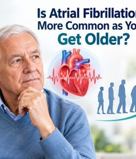 Older adult learning about age and atrial fibrillation, an irregular heart rhythm that becomes more common with age.