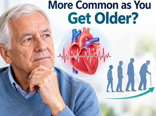 Older adult learning about age and atrial fibrillation, an irregular heart rhythm that becomes more common with age.