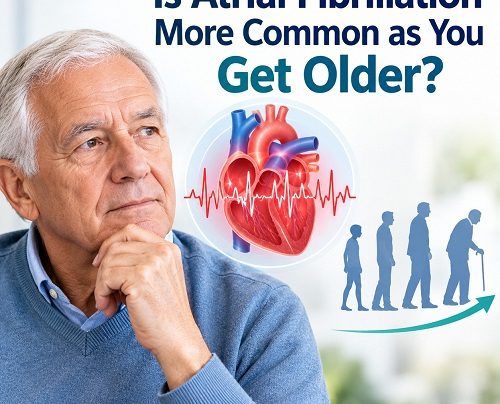 Older adult learning about age and atrial fibrillation, an irregular heart rhythm that becomes more common with age.
