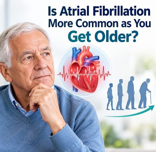 Older adult learning about age and atrial fibrillation, an irregular heart rhythm that becomes more common with age.