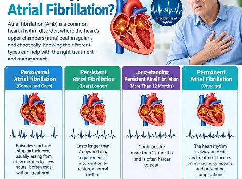 Medical illustration showing the different types of atrial fibrillation and irregular heart rhythms.