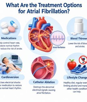 Medical illustration showing atrial fibrillation treatment options, including heart rhythm management, medication and catheter ablation.