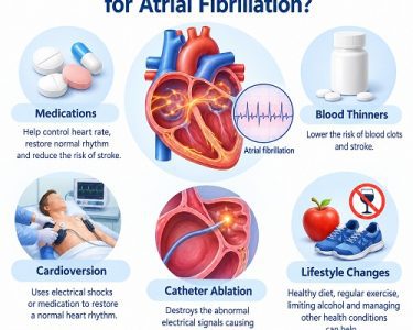 Medical illustration showing atrial fibrillation treatment options, including heart rhythm management, medication and catheter ablation.