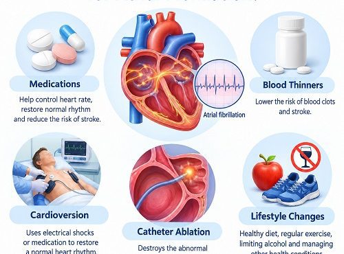 Medical illustration showing atrial fibrillation treatment options, including heart rhythm management, medication and catheter ablation.