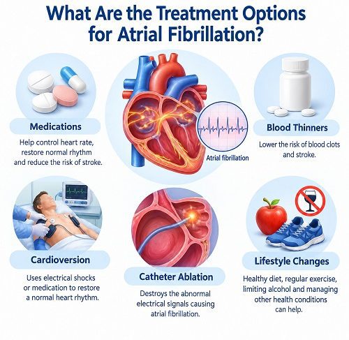 Medical illustration showing atrial fibrillation treatment options, including heart rhythm management, medication and catheter ablation.