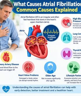 Medical illustration of a heart showing abnormal electrical signals associated with atrial fibrillation and an irregular heartbeat.