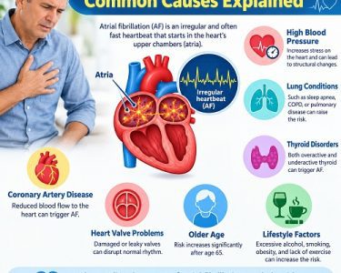 Medical illustration of a heart showing abnormal electrical signals associated with atrial fibrillation and an irregular heartbeat.