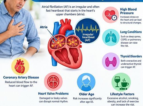 Medical illustration of a heart showing abnormal electrical signals associated with atrial fibrillation and an irregular heartbeat.