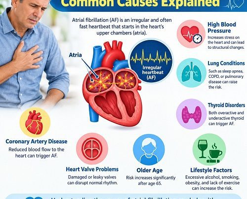 Medical illustration of a heart showing abnormal electrical signals associated with atrial fibrillation and an irregular heartbeat.