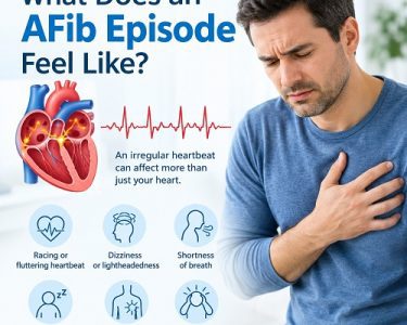Person experiencing heart palpitations and an irregular heartbeat associated with atrial fibrillation