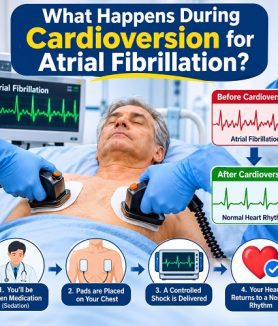 Patient undergoing cardioversion for atrial fibrillation in a hospital under medical supervision.