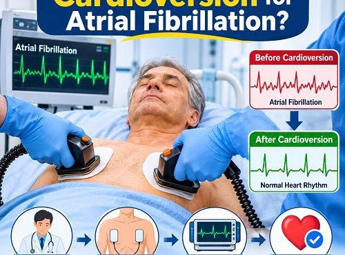 Patient undergoing cardioversion for atrial fibrillation in a hospital under medical supervision.