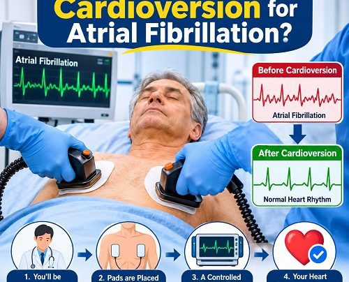 Patient undergoing cardioversion for atrial fibrillation in a hospital under medical supervision.