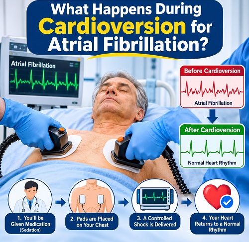 Patient undergoing cardioversion for atrial fibrillation in a hospital under medical supervision.