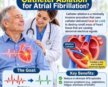 Cardiologist performing catheter ablation for atrial fibrillation using a catheter to restore a normal heart rhythm.