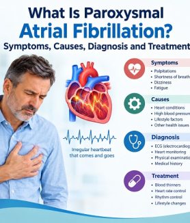 Illustration of paroxysmal atrial fibrillation showing an irregular heartbeat and a person experiencing heart palpitations.