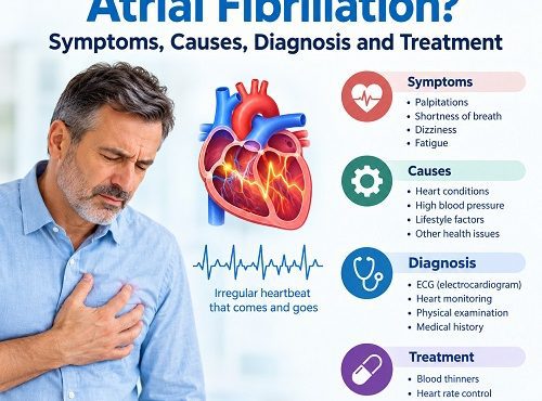 Illustration of paroxysmal atrial fibrillation showing an irregular heartbeat and a person experiencing heart palpitations.