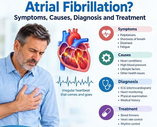 Illustration of paroxysmal atrial fibrillation showing an irregular heartbeat and a person experiencing heart palpitations.