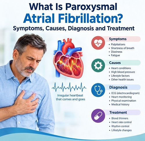 Illustration of paroxysmal atrial fibrillation showing an irregular heartbeat and a person experiencing heart palpitations.